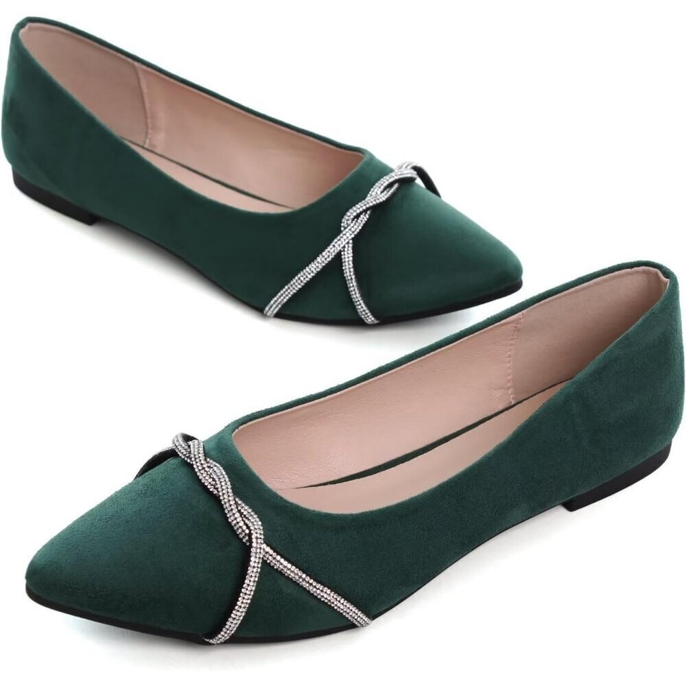Women's Dark Green Casual Flats Fashion Chain Pointed Toe Ballet Flat Rhinestone - Picture 6 of 7